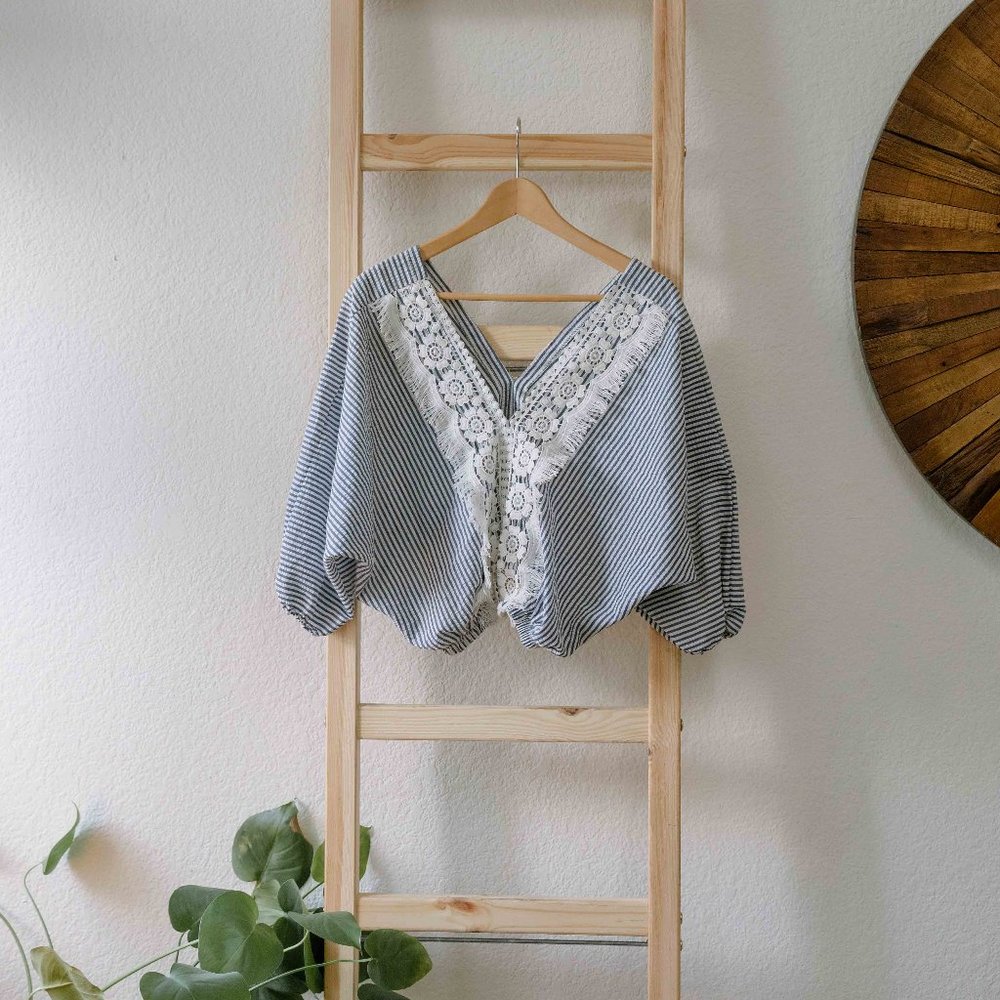 Blue & White Striped Shirt with Boho Floral Embroidery Embroidered Cropped Puff